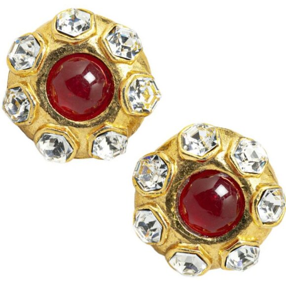 CHANEL Red Gripoix Rhinestone Round Clip-On Earrings Gold Tone Auth - Picture 1 of 12